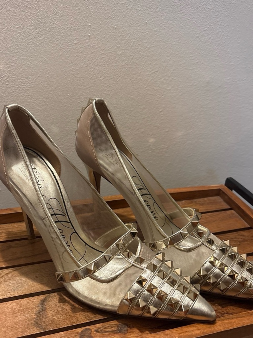Valentino Garavani Rockstud Alcove Mesh Gold Pumps